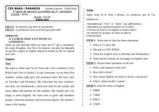Première page de Anglais 6e — 1er devoir surveillé, 1er semestre (2019-2020) · CEG BAKA