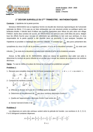 Première page de Mathématiques 4e, 4e ML — 1er devoir surveillé, 2e trimestre (2019-2020) · CPEG LE PHARAON