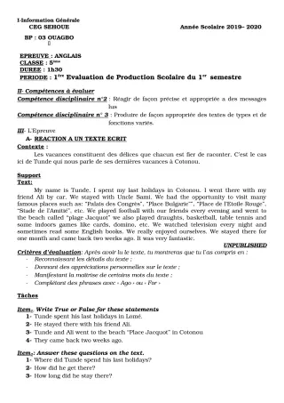 Première page de Anglais 5e, 4e, 4e ML, 3e, 3e ML — 1re production scolaire, 1er semestre (2019-2020) · CEG SEHOUE