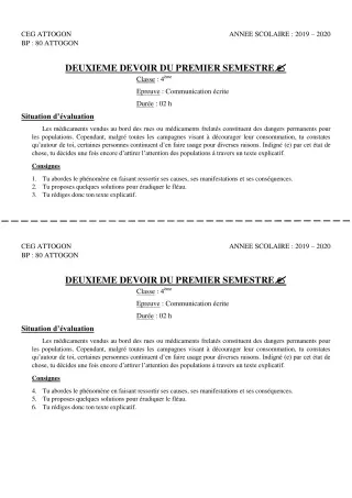 Première page de Français 4e, 4e ML — 2e devoir surveillé, 1er semestre (2019-2020) · CEG Attogon
