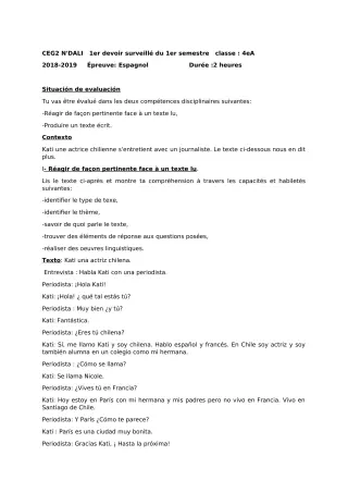 Première page de Espagnol 4e ML — 1er devoir surveillé, 1er semestre (2018-2019) · CEG 2 N'DALI