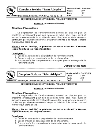 Première page de Français 6e, 5e, 4e, 4e ML, 3e, 3e ML — 2e devoir surveillé, 1er trimestre (2019-2020) · CPEG Saint Adolphe