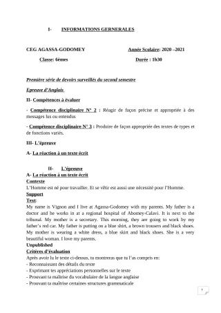 Première page de Anglais 6e — 1er devoir surveillé, 2e semestre (2020-2021) · CEG Agassa Godomey
