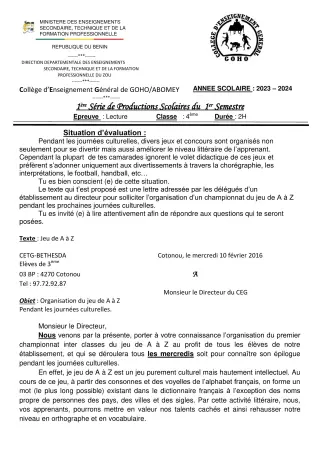 Première page de Français 4e ML — 1re production scolaire, 1er semestre (2023-2024) · CEG GOHO