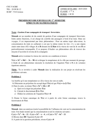 Première page de Mathématiques 1ère A2 — 1er devoir surveillé, 1er semestre (2019-2020) · CEG Yagbe