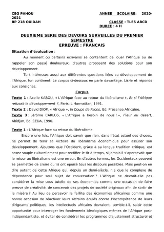 Première page de Français Tle A1, Tle A2, Tle B, Tle C, Tle D — 2e devoir surveillé, 1er semestre (2020-2021) · CEG PAHOU