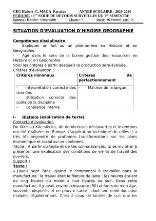 Première page de Histoire-Géographie 6e, 5e, 4e, 4e ML, 3e, 3e ML — 1er devoir surveillé, 1er semestre (2019-2020) · CEG Hubert C. MAGA