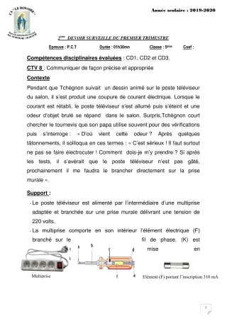 Première page de PCT 5e — 2e devoir surveillé, 1er trimestre (2019-2020) · CPEG ROSAIRE