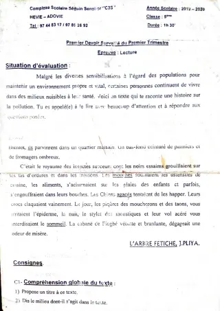 Première page de Français 5e — Devoir surveillé, 1er trimestre (2019-2020) · CPEG SEGUIN SENGHOR