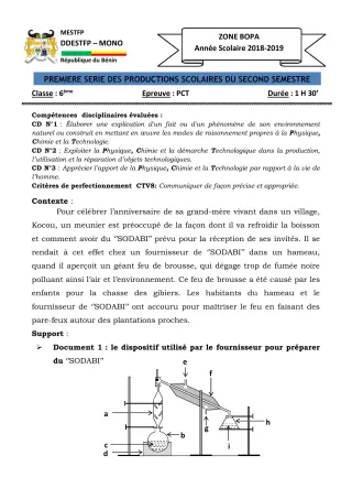 Première page de PCT 6e — 1re production scolaire, 2e semestre (2018-2019) · CEG Bopa