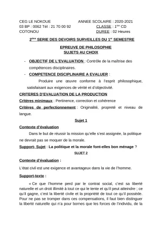 Première page de Philosophie 1ère C, 1ère D — 2e devoir surveillé, 1er semestre (2020-2021) · CEG LE NOKOUE