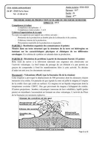Première page de SVT 4e, 4e ML — 1re production scolaire, 2e semestre (2018-2019) · CEG AGBLANGANDAN