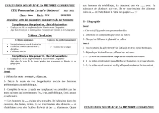Première page de Histoire-Géographie 6e, 5e, 4e, 3e, 2nde A2, 2nde D, 1ère A2, 1ère D, Tle A2, Tle D — Évaluation sommative, 1er semestre (2021-2022) · CEG PENESSOULOU