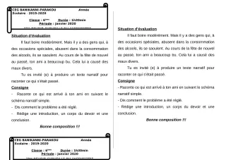 Première page de Français 6e, 5e, 4e, 4e ML, 4e ML&MC, 3e, 3e ML, 2nde A2, 2nde B, 2nde C, 2nde D, 1ère A2, 1ère B, 1ère C, 1ère D, Tle A1, Tle A2, Tle B, Tle C, Tle D — 2e devoir surveillé (2019-2020) · CEG Banikanni