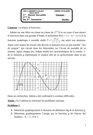 Première page de Mathématiques 2nde D — Devoir surveillé, 2e semestre (2022-2023) · CEG2 ABOMEY - CALAVI (CEG ZOCA)