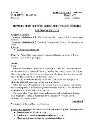 Première page de Anglais 4e — 1er devoir surveillé, 1er semestre (2018-2019) · CEG du Lac