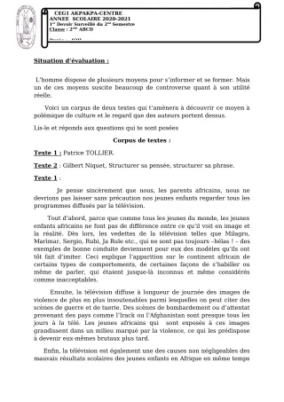 Première page de Français 2nde A1, 2nde A2, 2nde B, 2nde C, 2nde D, 1ère A1, 1ère A2, 1ère B, 1ère C, 1ère D, Tle A1, Tle A2, Tle B, Tle C, Tle D — 1er devoir surveillé, 2e semestre (2020-2021) · CEG 1 Akpakpa-Centre