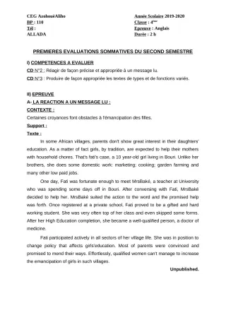 Première page de Anglais 6e, 4e ML&MC, 3e — Évaluation sommative, 2e semestre (2019-2020) · CEG AZOHOUE-ALIHO