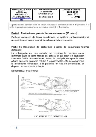 Première page de SVT 3e — 2e devoir surveillé, 1er semestre (2023-2024) · CEG Gbéto/ze