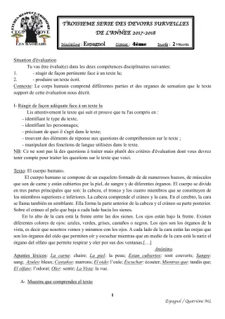 Première page de Espagnol 4e ML — 3e devoir surveillé (2017-2018) · CEG1 Covè