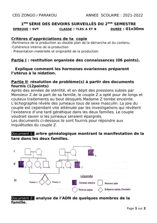 Première page de SVT Tle A1, Tle A2, Tle B — 1er devoir surveillé, 2e semestre (2021-2022) · CEG ZONGO
