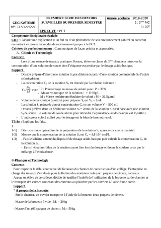 Première page de PCT 3e — 1er devoir surveillé, 1er semestre (2019-2020) · CEG Kaïtèmè