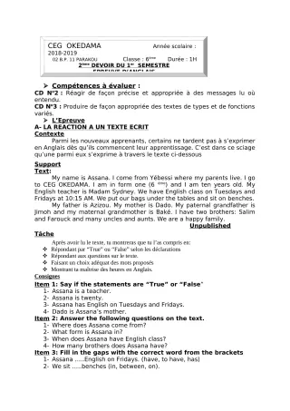 Première page de Anglais 6e — Devoir surveillé, 1er semestre (2018-2019) · CEG OKEDAMA