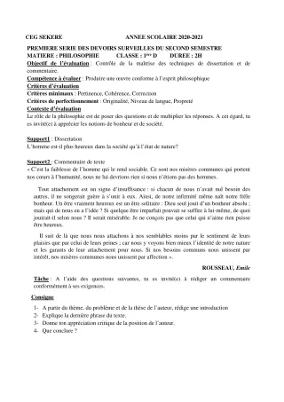 Première page de Philosophie 1ère D — 1er devoir surveillé, 2e semestre (2020-2021) · CEG SEKERE