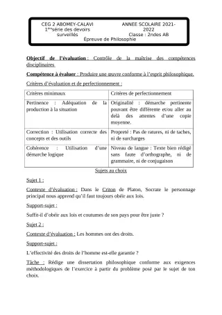 Première page de Philosophie 2nde A & B — Devoir surveillé, 2e semestre (2021-2022) · CEG2 ABOMEY - CALAVI (CEG ZOCA)