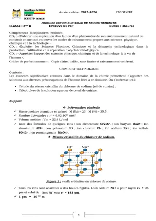 Première page de PCT 2nde D — Devoir surveillé, 2e semestre (2023-2024) · CEG SEKERE