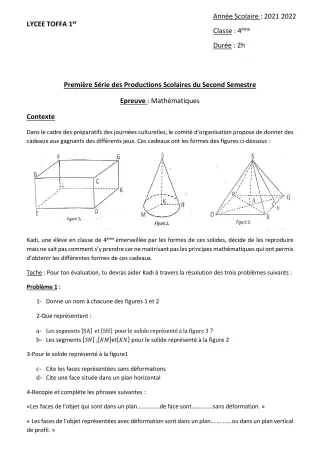Première page de Mathématiques 4e, 4e ML, 4e ML&MC — 1re production scolaire, 2e semestre (2021-2022) · Lycée Toffa 1er