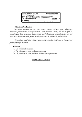 Première page de Français 5e — 2e devoir surveillé, 1er semestre (2018-2019) · CEG2 ABOMEY - CALAVI (CEG ZOCA)