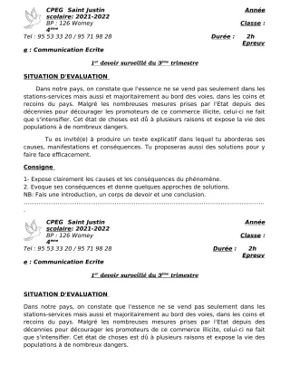 Première page de Français 4e, 1ère A1, 1ère A2, 1ère B, 1ère C, 1ère D — 1er devoir surveillé, 3e trimestre (2021-2022) · CPEG SAINT Justin