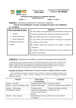 Première page de SVT 6e — 2e devoir surveillé, 1er semestre (2023-2024) · CEG SEKERE