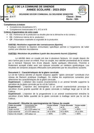 Première page de SVT 3e — 2e devoir surveillé, 2e semestre (2023-2024) · CEG SEKERE