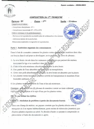 Première page de SVT 5e — 1re composition, 1er trimestre (2020-2021) · CPEG ROSAIRE