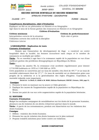 Première page de Histoire-Géographie 4e — 2e devoir surveillé, 2e semestre (2020-2021) · CEG SEKERE