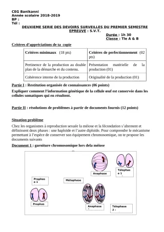 Première page de SVT Tle A2, Tle B — 2e devoir surveillé, 1er semestre (2018-2019) · CEG Banikanni