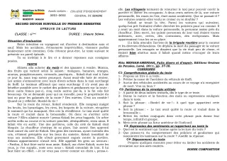 Première page de Français 6e — 2e devoir surveillé, 1er semestre (2021-2022) · CEG SEKERE