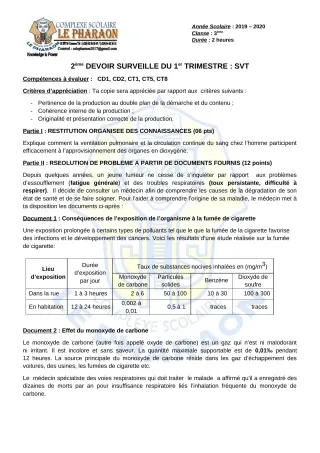 Première page de SVT 3e, 3e ML — 2e devoir surveillé, 1er trimestre (2019-2020) · CPEG LE PHARAON
