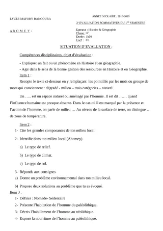 Première page de Histoire-Géographie 6e — 2e évaluation sommative, 1er semestre (2018-2019) · Lycée Houegbadja d'Abomey (Ex Mafory Bangoura)