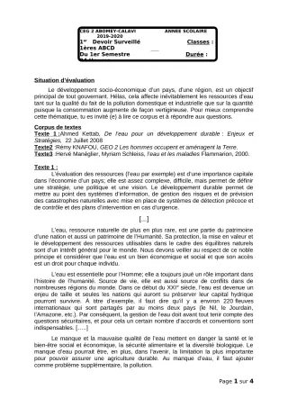 Première page de Français 1ère A1, 1ère A2, 1ère B, 1ère C, 1ère D — 1er devoir surveillé, 1er semestre (2018-2019) · CEG2 ABOMEY - CALAVI (CEG ZOCA)