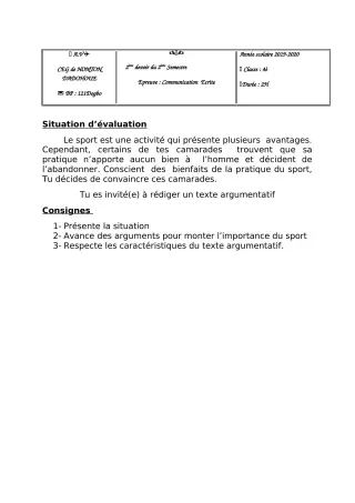 Première page de Français 4e ML&MC — 2e devoir surveillé, 2e semestre (2019-2020) · CEG Honton