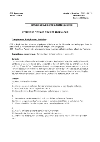 Première page de PCT 6e, 4e — 2e devoir surveillé, 2e semestre (2018-2019) · CEG Kpanroun