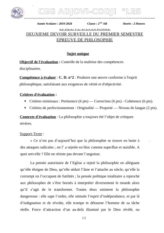 Première page de Philosophie 2nde B — 2e devoir surveillé, 1er semestre (2019-2020) · CEG ADJOVICODJI 'LES OLIVIERS'