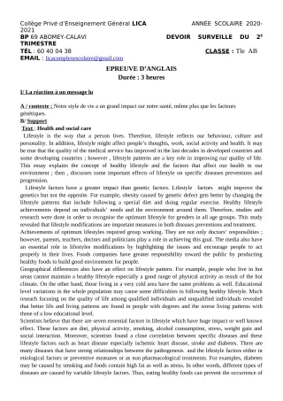 Première page de Anglais Tle A2, Tle B — Devoir surveillé, 1er trimestre (2020-2021) · CPEG LICA