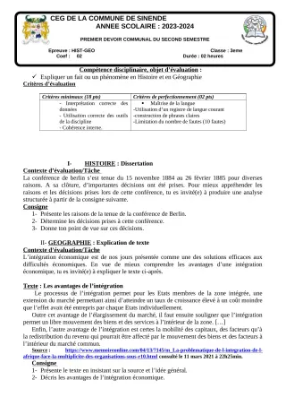 Première page de Histoire-Géographie 3e — 1er devoir surveillé, 2e semestre (2023-2024) · CEG SEKERE
