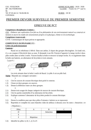 Première page de PCT 5e — 1er devoir surveillé, 1er semestre (2019-2020) · CEG FIYEGNON
