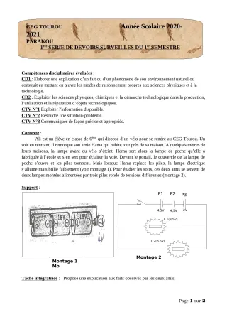 Première page de PCT 6e — 1er devoir surveillé, 1er semestre (2020-2021) · CEG Tourou