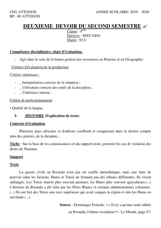 Première page de Histoire-Géographie 4e, 4e ML — 2e devoir surveillé, 2e semestre (2019-2020) · CEG Attogon